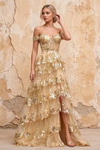 Maud Gold Sequin A Line Corset Ruffle Dress