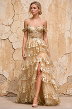 Maud Gold Sequin A Line Corset Ruffle Dress
