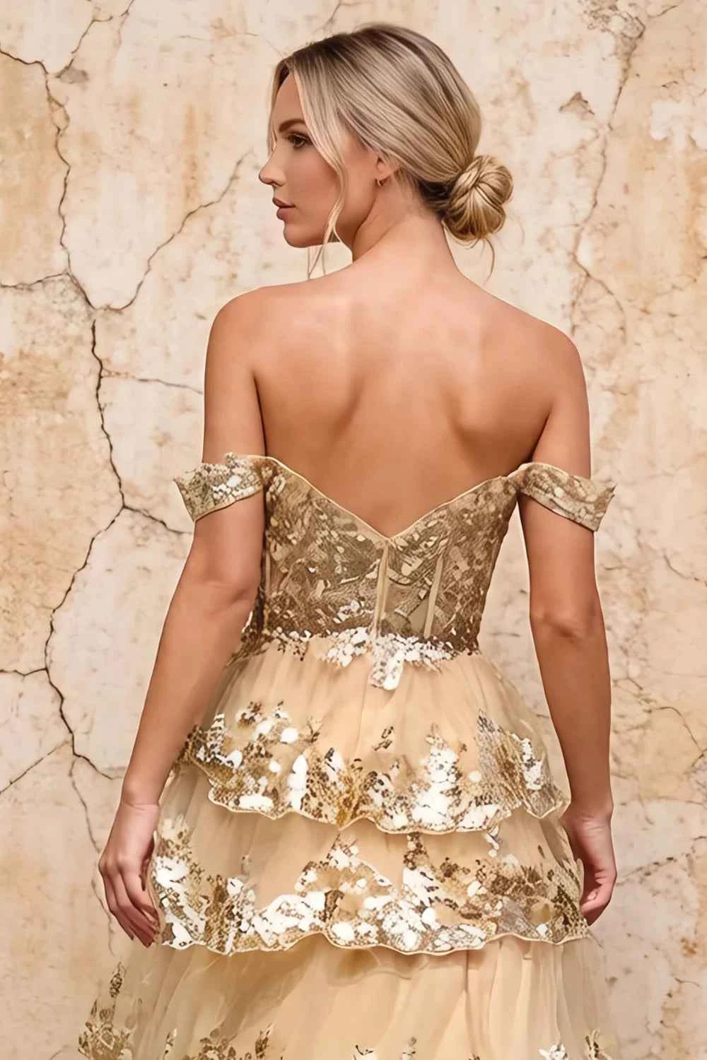 Maud Gold Sequin A Line Corset Ruffle Dress