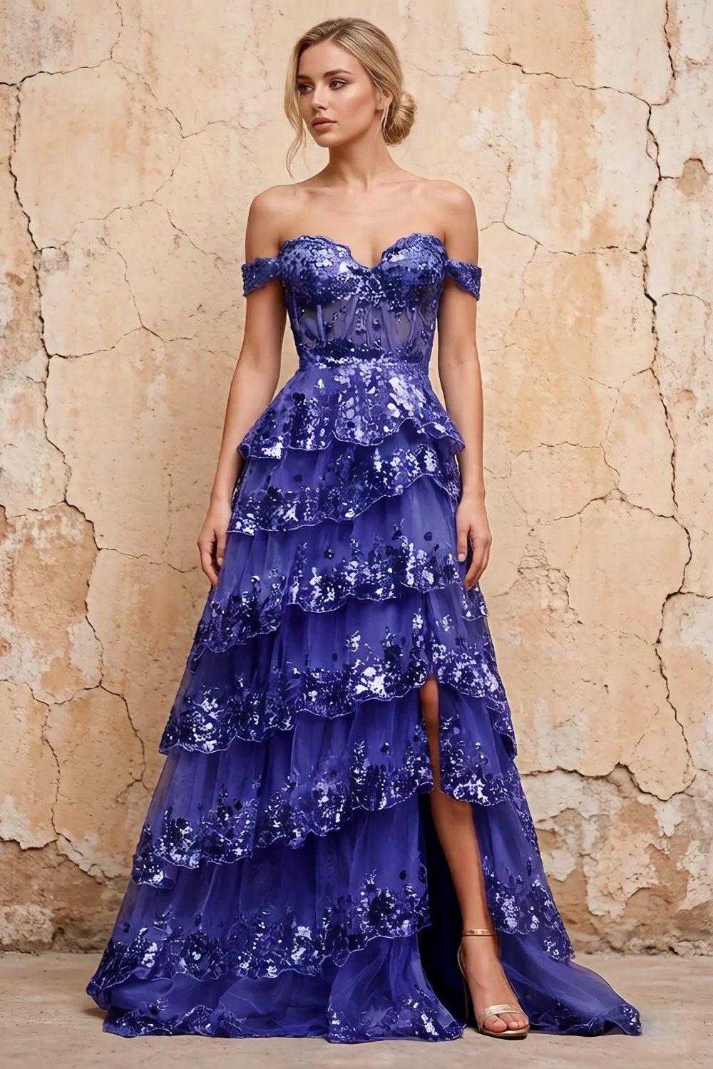 Vestido Maud azul rey con lentejuelas, silueta A, corsé y volantes