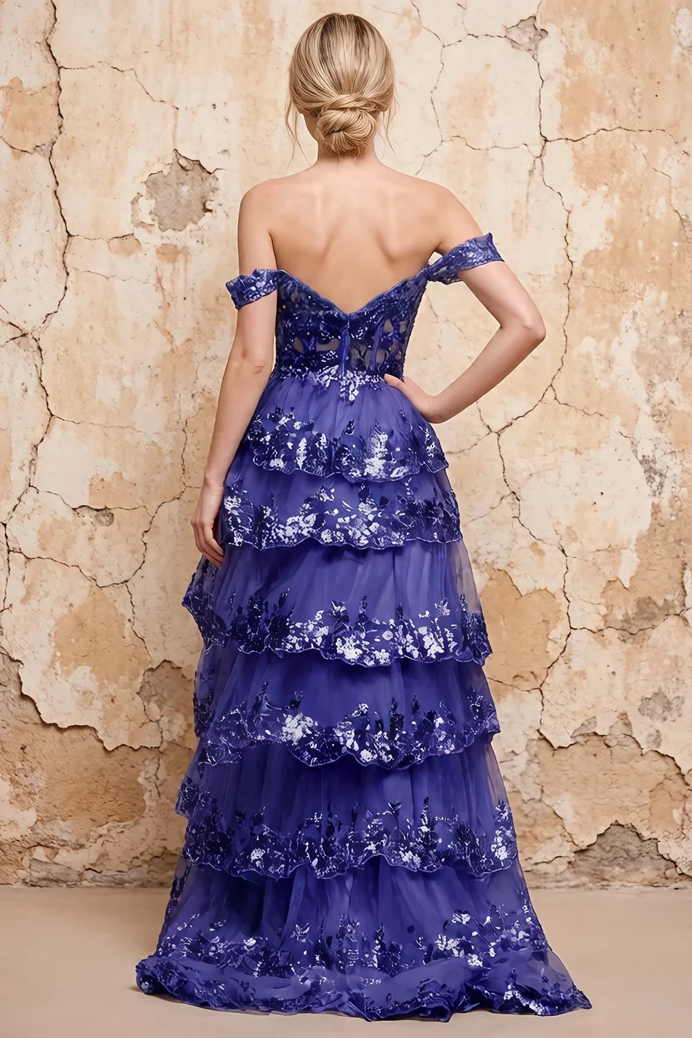 Translation missing: en.Maud Royal Blue sequin off-the-shoulder corset A-line ruffle dress - product photo 2 content.product_image_secondary