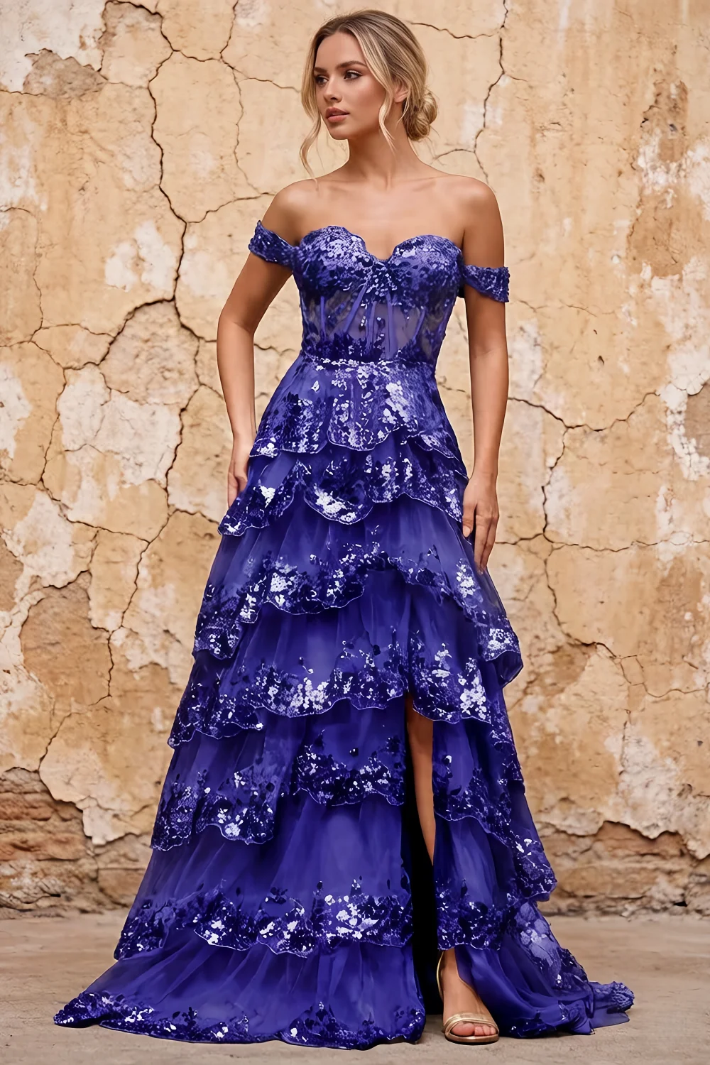 Maud Royal Blue Sequin A Line Corset Ruffle Dress