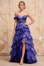 Maud Royal Blue Sequin A Line Corset Ruffle Dress