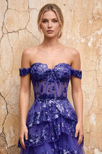 Maud Royal Blue Sequin A Line Corset Ruffle Dress