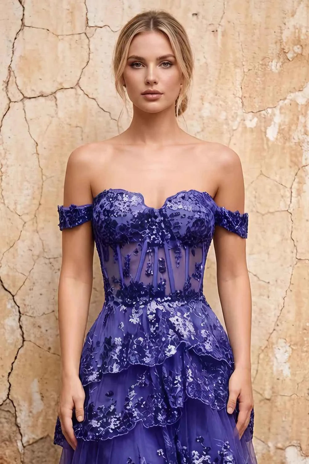 Maud Royal Blue Sequin A Line Corset Ruffle Dress