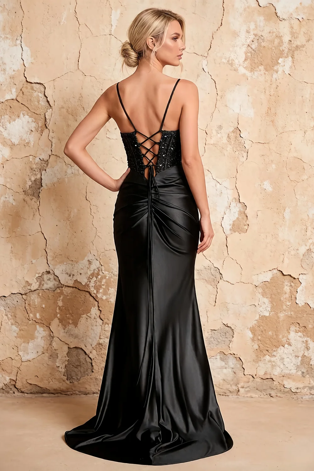Maureen Black Satin Ruched Maxi Dress with Slit