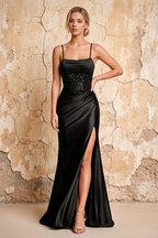 Maureen Black Satin Ruched Maxi Dress with Slit