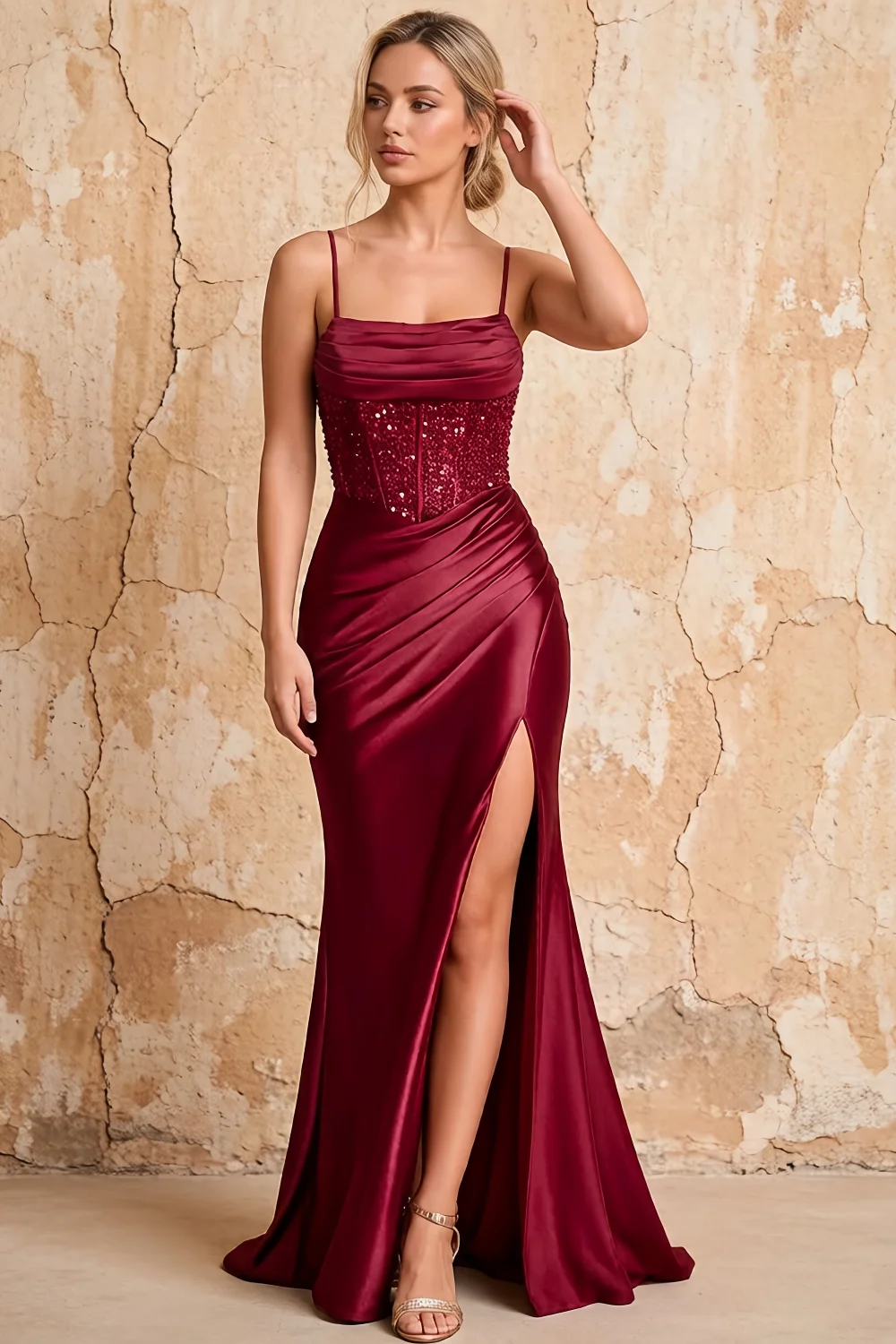 Maureen Burgundy Satin Ruched Maxi Dress with Slit Main image