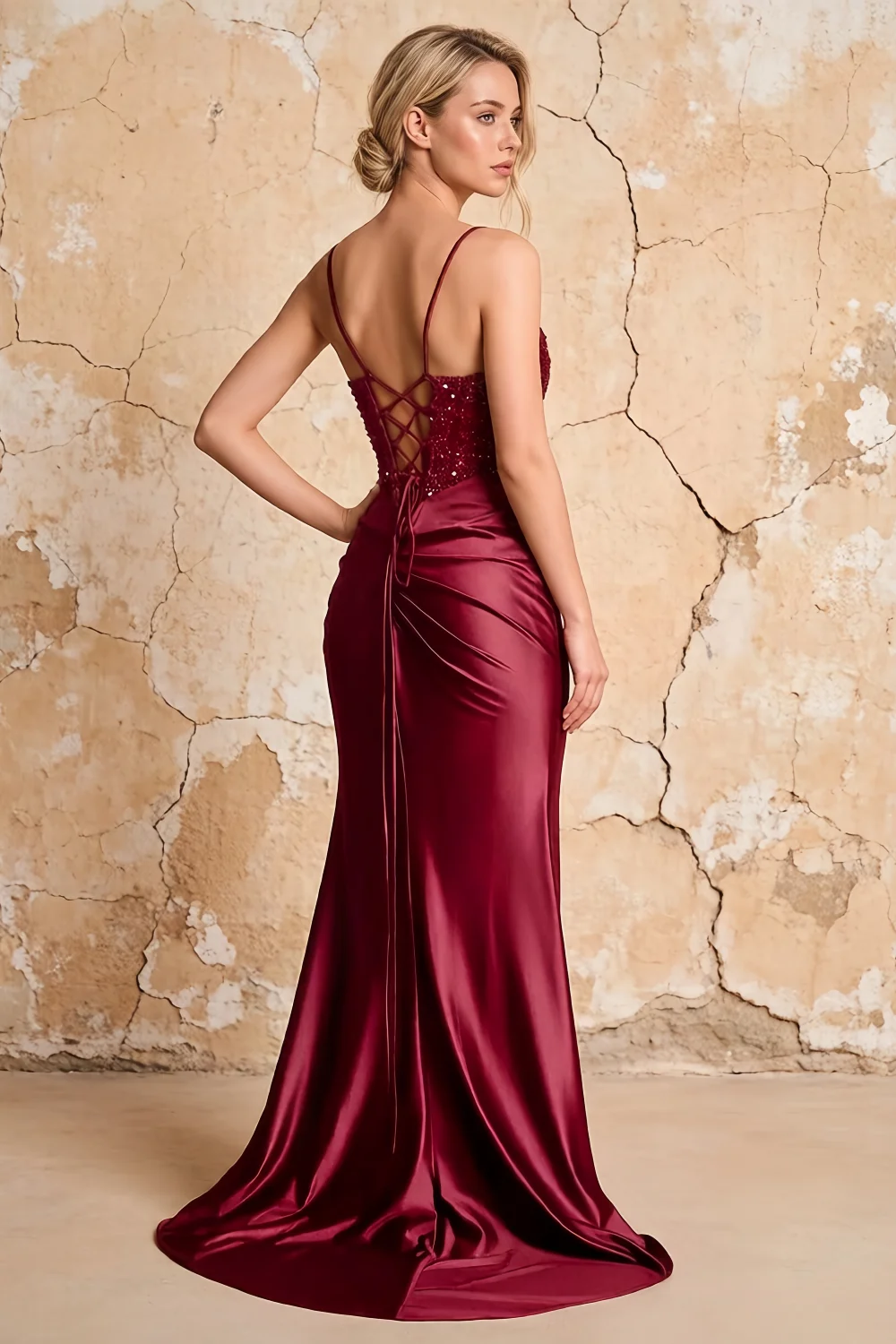 Maureen Burgundy Satin Ruched Maxi Dress with Slit Secondary image