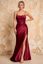 Maureen Burgundy Satin Ruched Maxi Dress with Slit