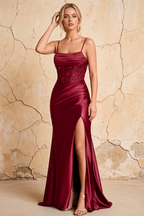 Maureen Burgundy Satin Ruched Maxi Dress with Slit