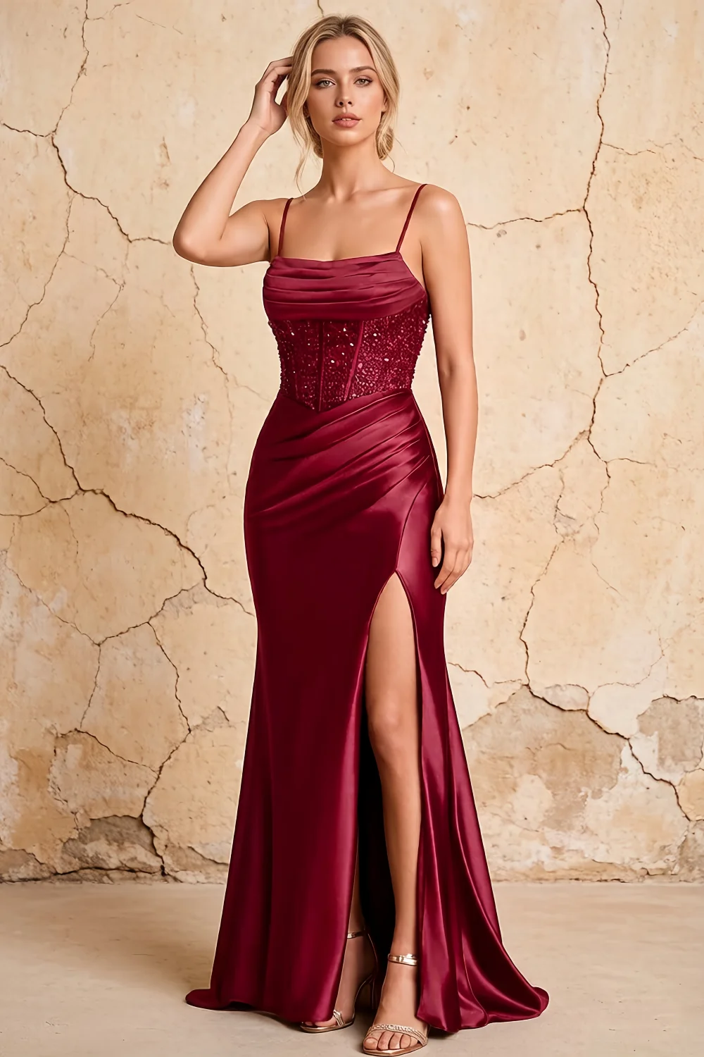 Maureen Burgundy Satin Ruched Maxi Dress with Slit