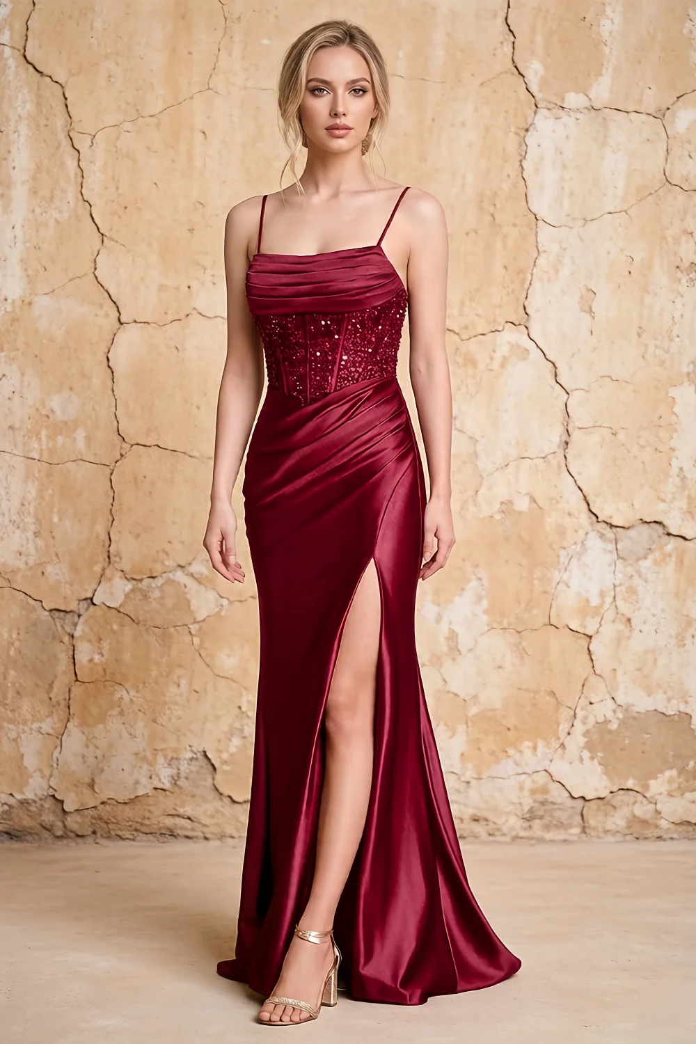 Maureen Burgundy Satin Ruched Maxi Dress with Slit