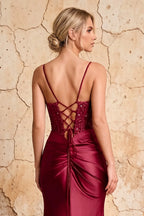 Maureen Burgundy Satin Ruched Maxi Dress with Slit