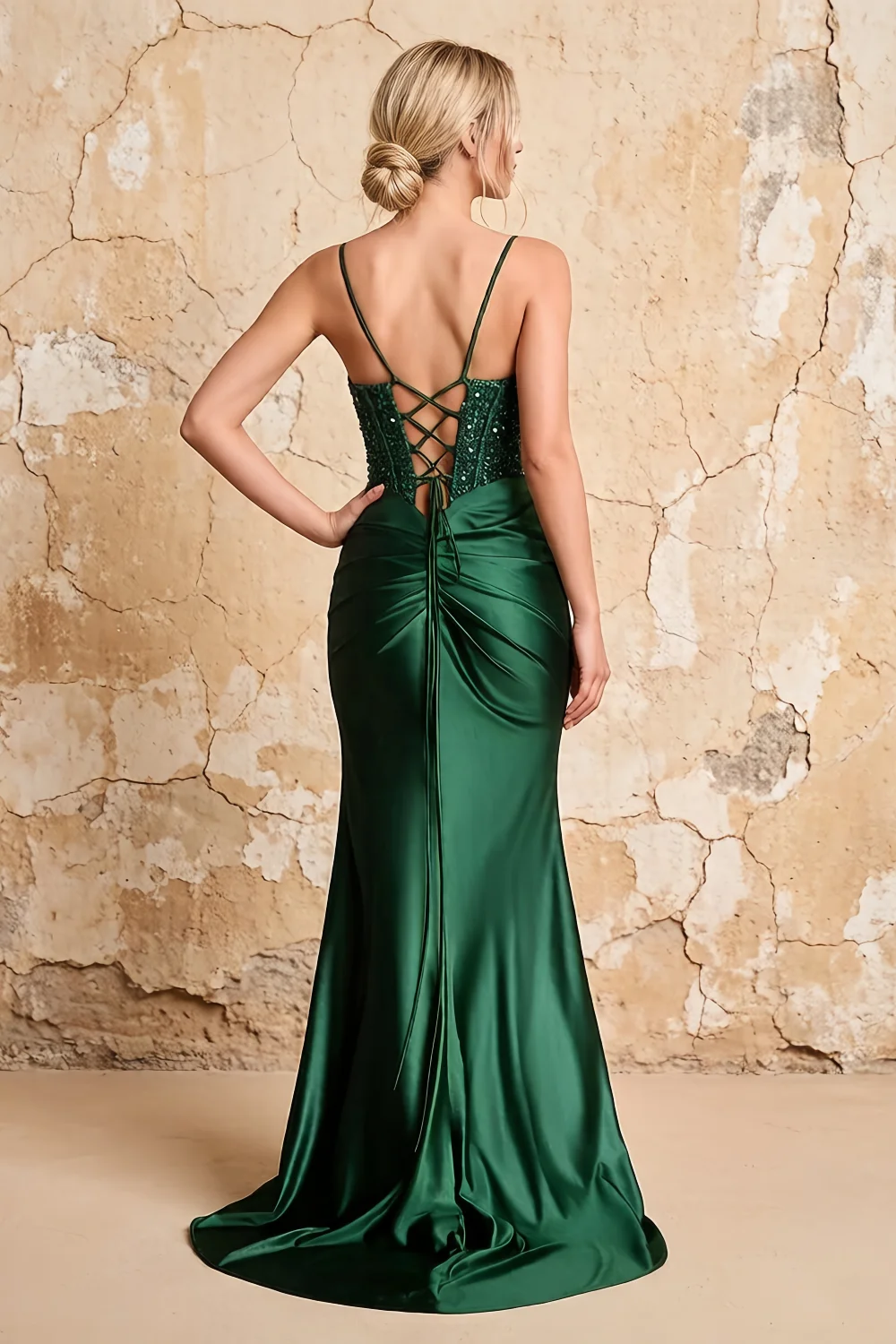 Maureen Emerald Green Satin Ruched Maxi Dress with Slit