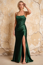 Maureen Emerald Green Satin Ruched Maxi Dress with Slit
