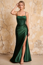 Maureen Emerald Green Satin Ruched Maxi Dress with Slit