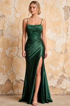 Maureen Emerald Green Satin Ruched Maxi Dress with Slit