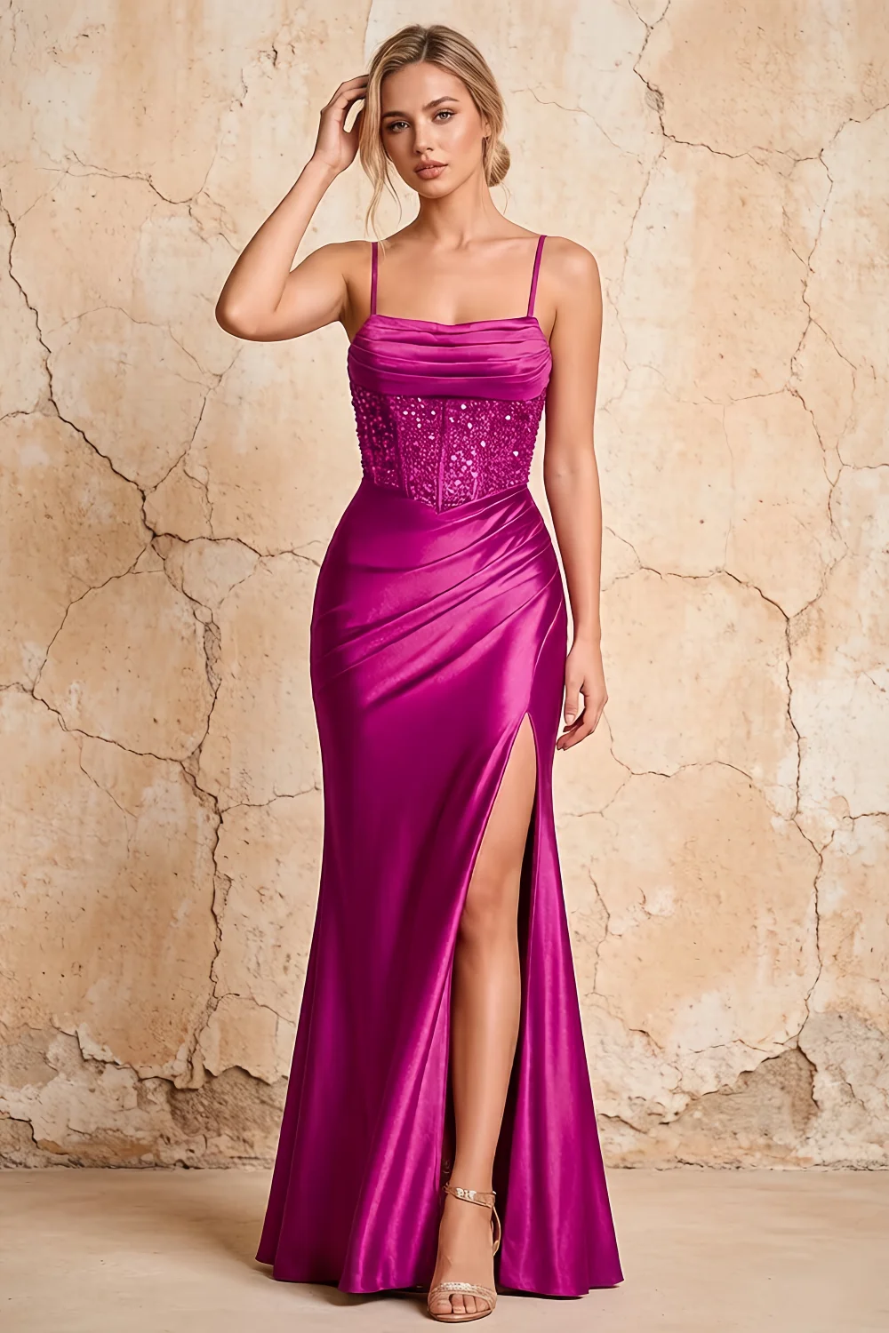 Maureen Fuchsia Satin Ruched Maxi Dress with Slit Fuchsia