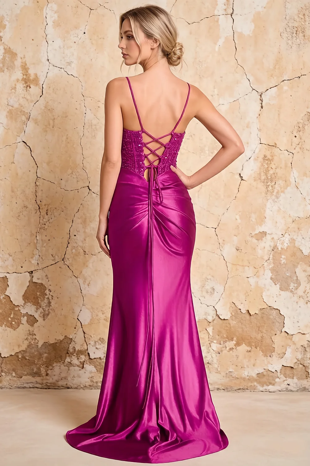 Maureen Fuchsia Satin Ruched Maxi Dress with Slit Secondary image