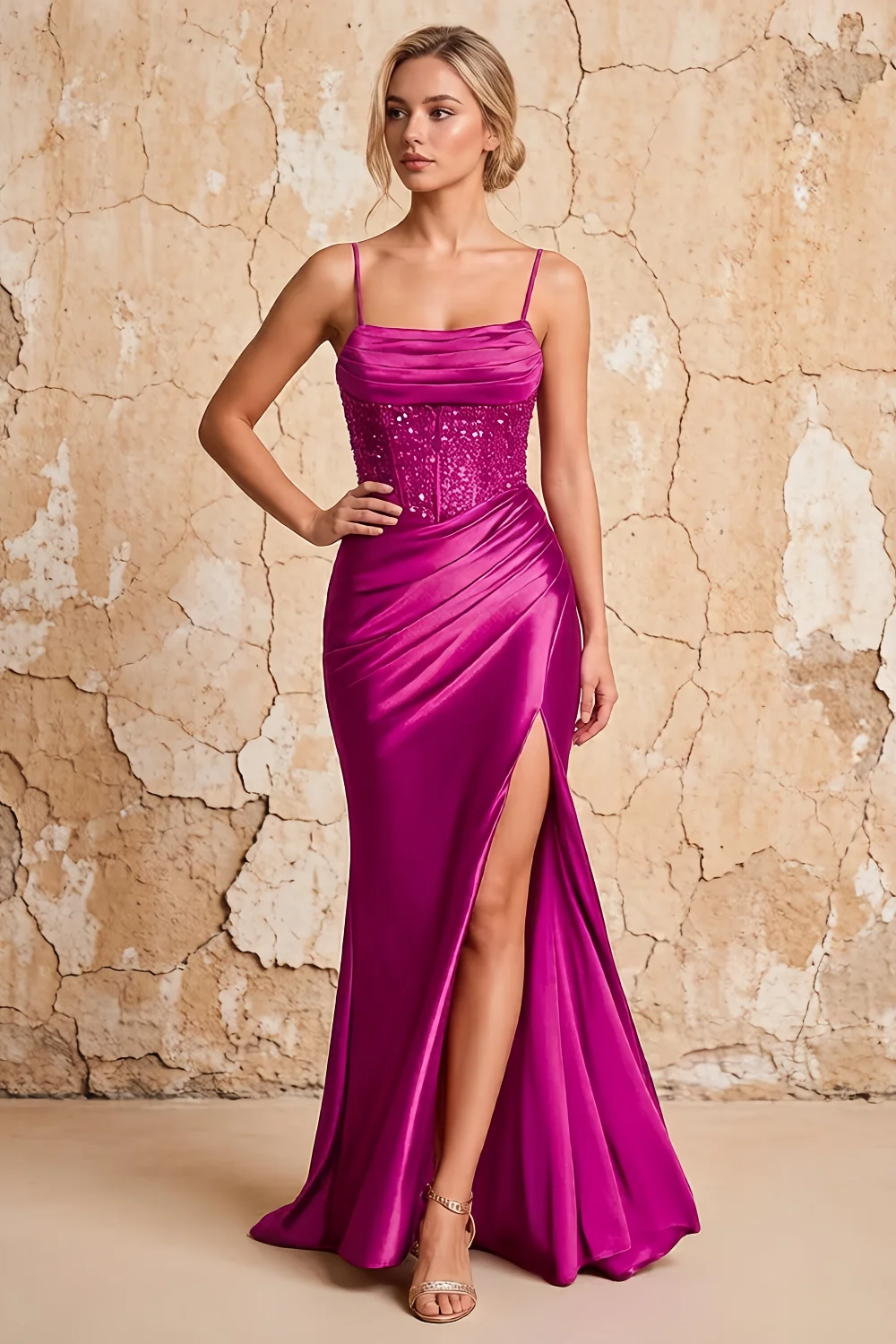 Maureen Fuchsia Satin Ruched Maxi Dress with Slit