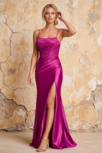 Maureen Fuchsia Satin Ruched Maxi Dress with Slit