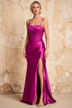 Maureen Fuchsia Satin Ruched Maxi Dress with Slit