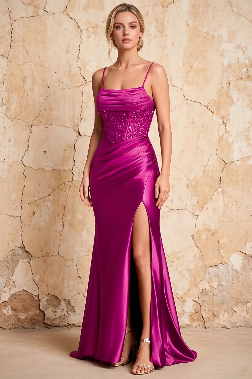 Maureen Fuchsia Satin Ruched Maxi Dress with Slit