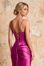 Maureen Fuchsia Satin Ruched Maxi Dress with Slit