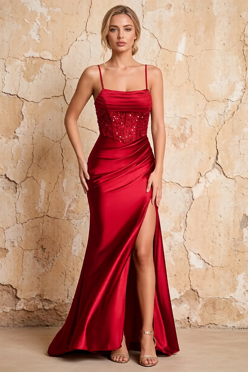 Maureen Red Satin Ruched Maxi Dress with Slit