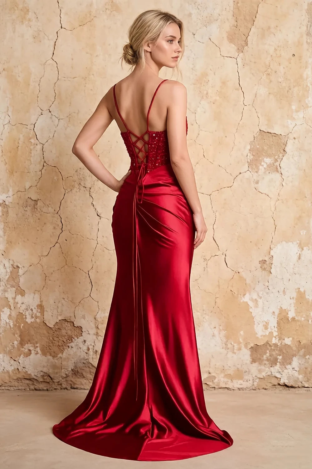 Translation missing: en.Maureen Red satin ruched mermaid maxi dress with embellished bodice and slit - image 2 content.product_image_secondary