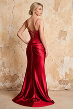 Maureen Red Satin Ruched Maxi Dress with Slit