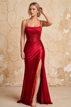 Maureen Red Satin Ruched Maxi Dress with Slit