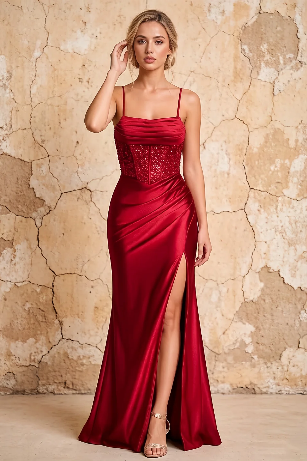 Maureen Red Satin Ruched Maxi Dress with Slit