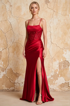 Maureen Red Satin Ruched Maxi Dress with Slit