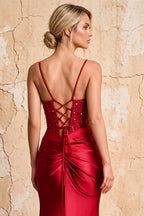 Maureen Red Satin Ruched Maxi Dress with Slit