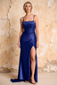Maureen Royal Blue Satin Ruched Maxi Dress with Slit Royal Blue