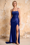 Maureen Royal Blue Satin Ruched Maxi Dress with Slit