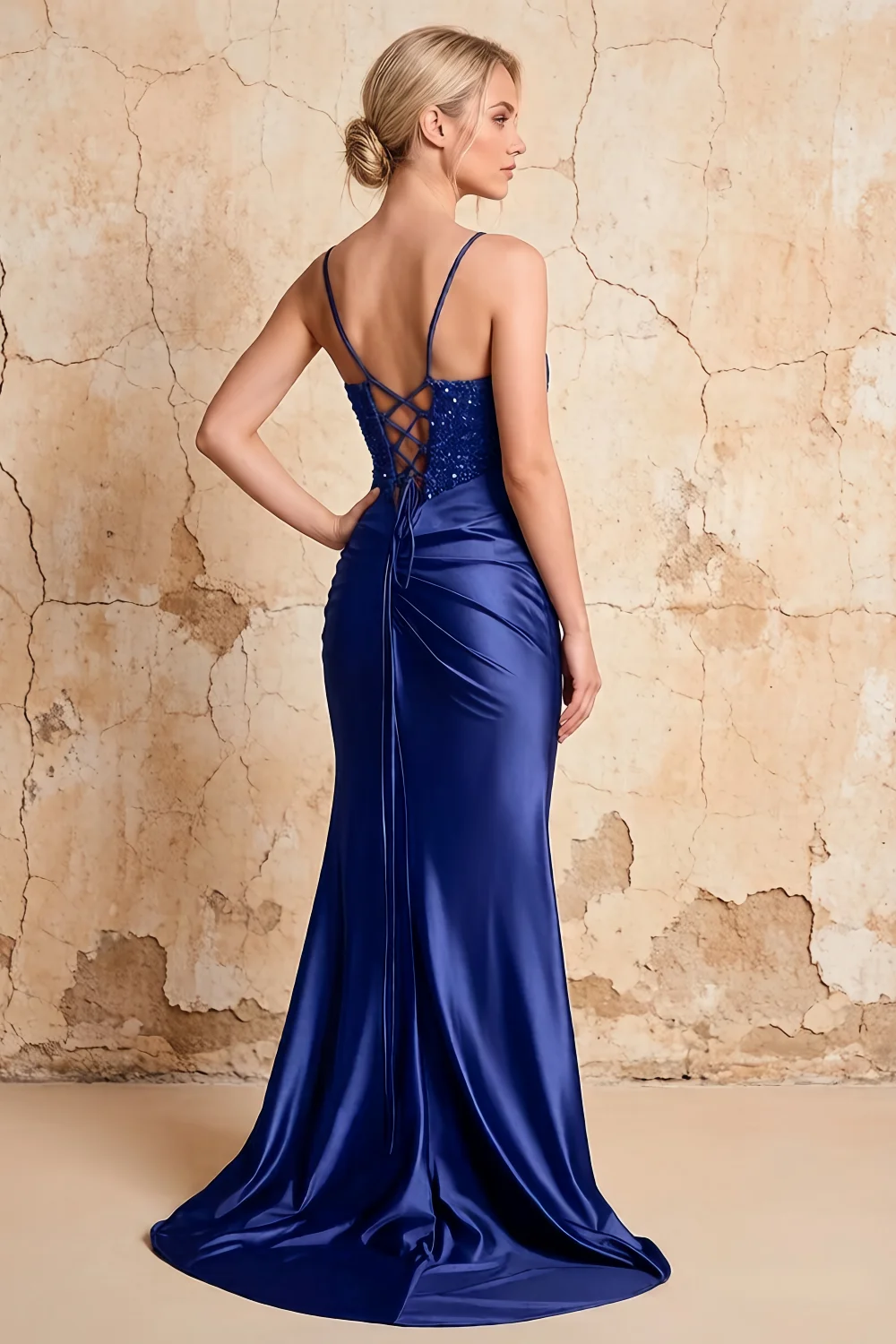 Maureen Royal Blue Satin Ruched Maxi Dress with Slit Secondary image