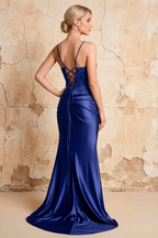 Maureen Royal Blue Satin Ruched Maxi Dress with Slit