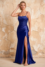 Maureen Royal Blue Satin Ruched Maxi Dress with Slit