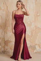 Maureen Burgundy Satin Ruched Maxi Dress with Slit