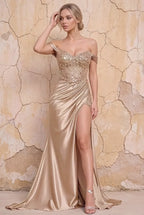 Megan Sparkly Champagne Off the Shoulder Maxi Dress