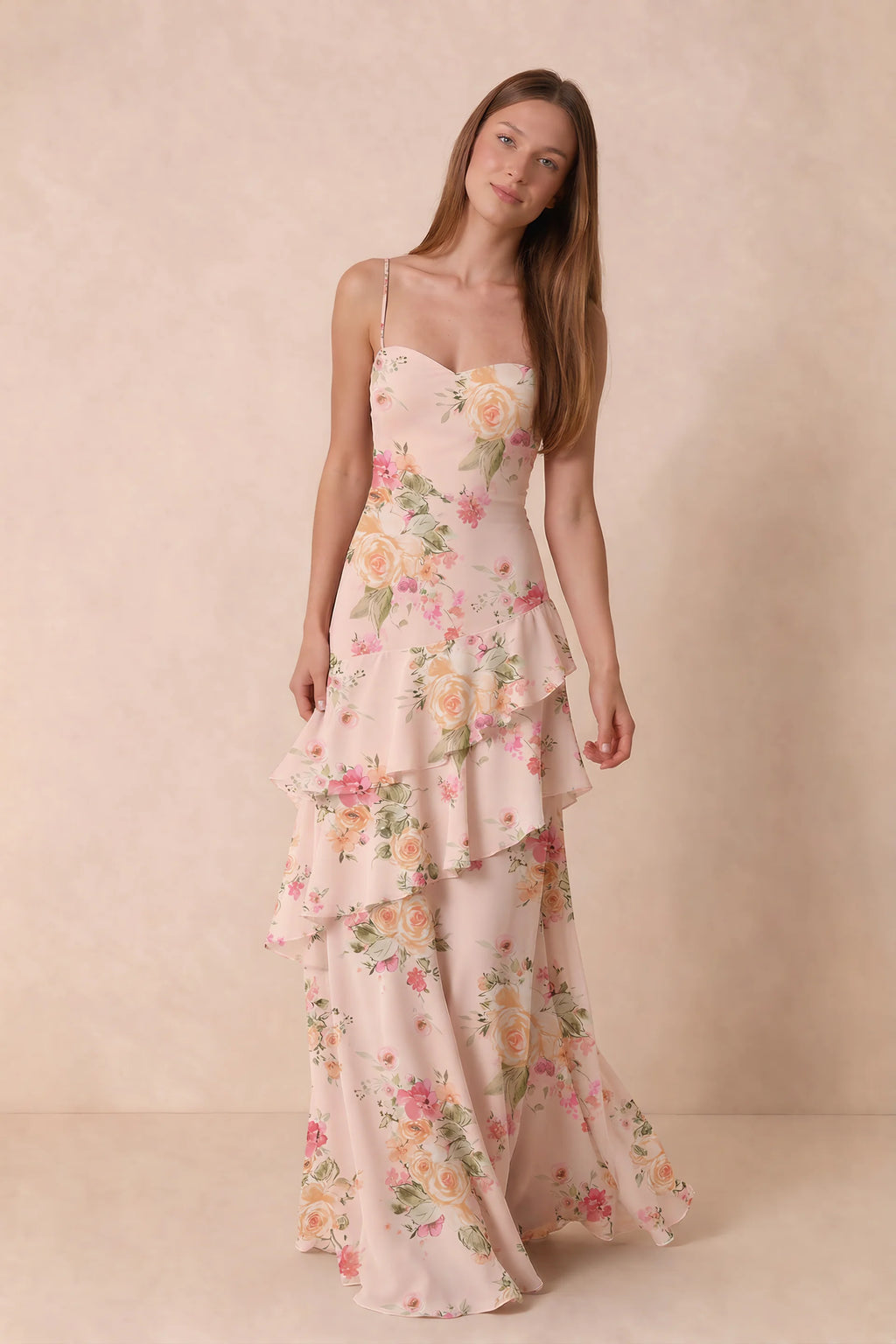 Rosalie Abstract Bouquet Floral Chiffon Tiered Ruffle Sweetheart Maxi Dress