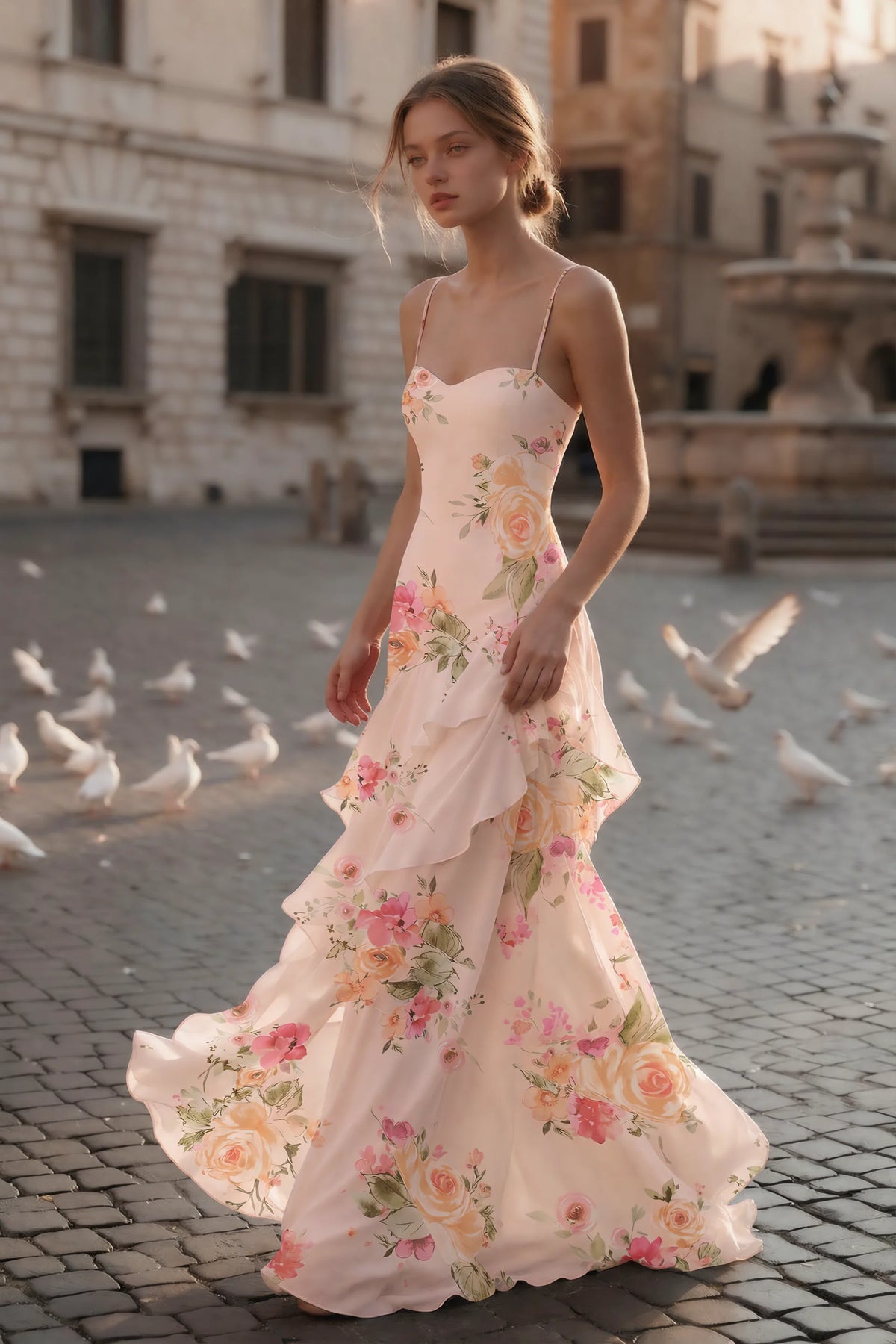 Rosalie Abstract Bouquet Floral Chiffon Tiered Ruffle Sweetheart Maxi Dress