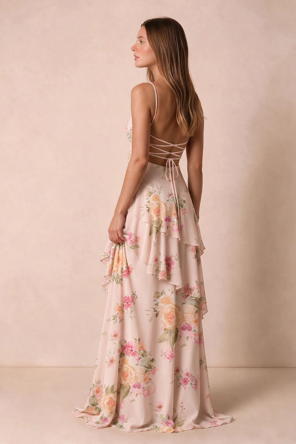 Rosalie Abstract Bouquet Floral Chiffon Tiered Ruffle Sweetheart Maxi Dress