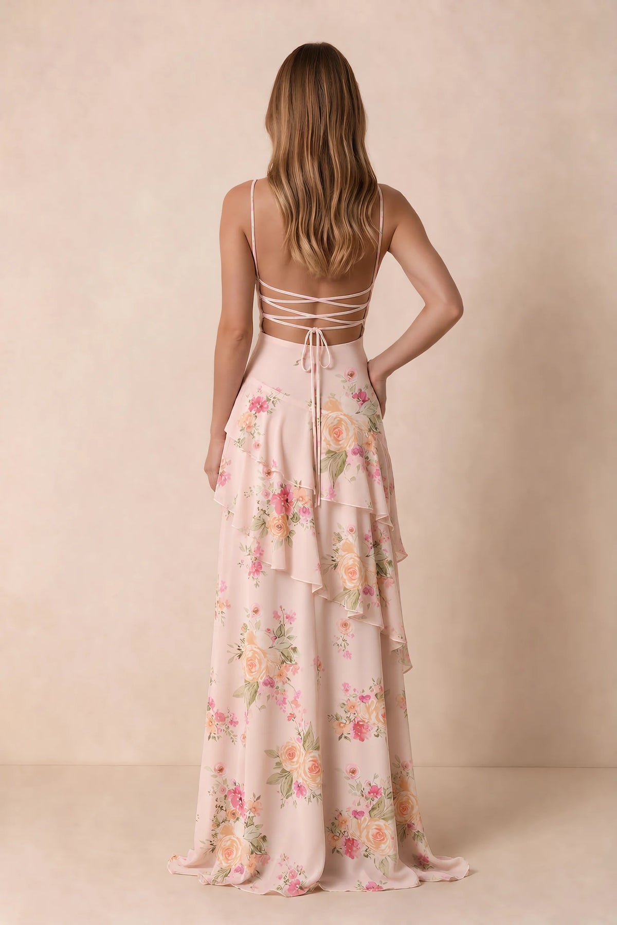 Rosalie Abstract Bouquet Floral Chiffon Tiered Ruffle Sweetheart Maxi Dress