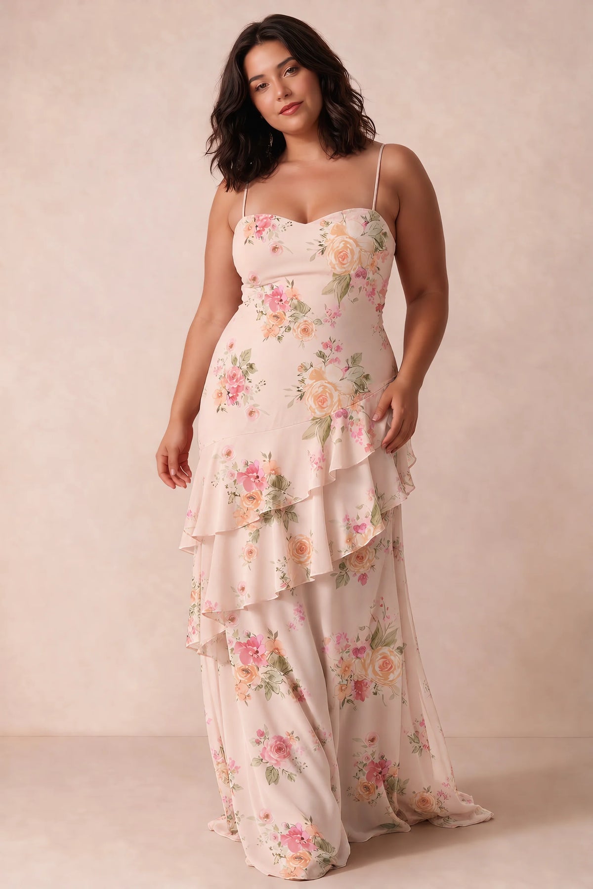 Rosalie Abstract Bouquet Floral Chiffon Tiered Ruffle Sweetheart Maxi Dress