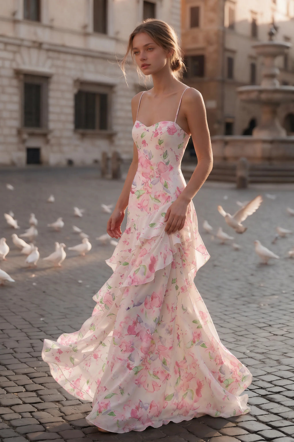 Rosalie Abstract Watercolor Floral Chiffon Tiered Ruffle Sweetheart Maxi Dress