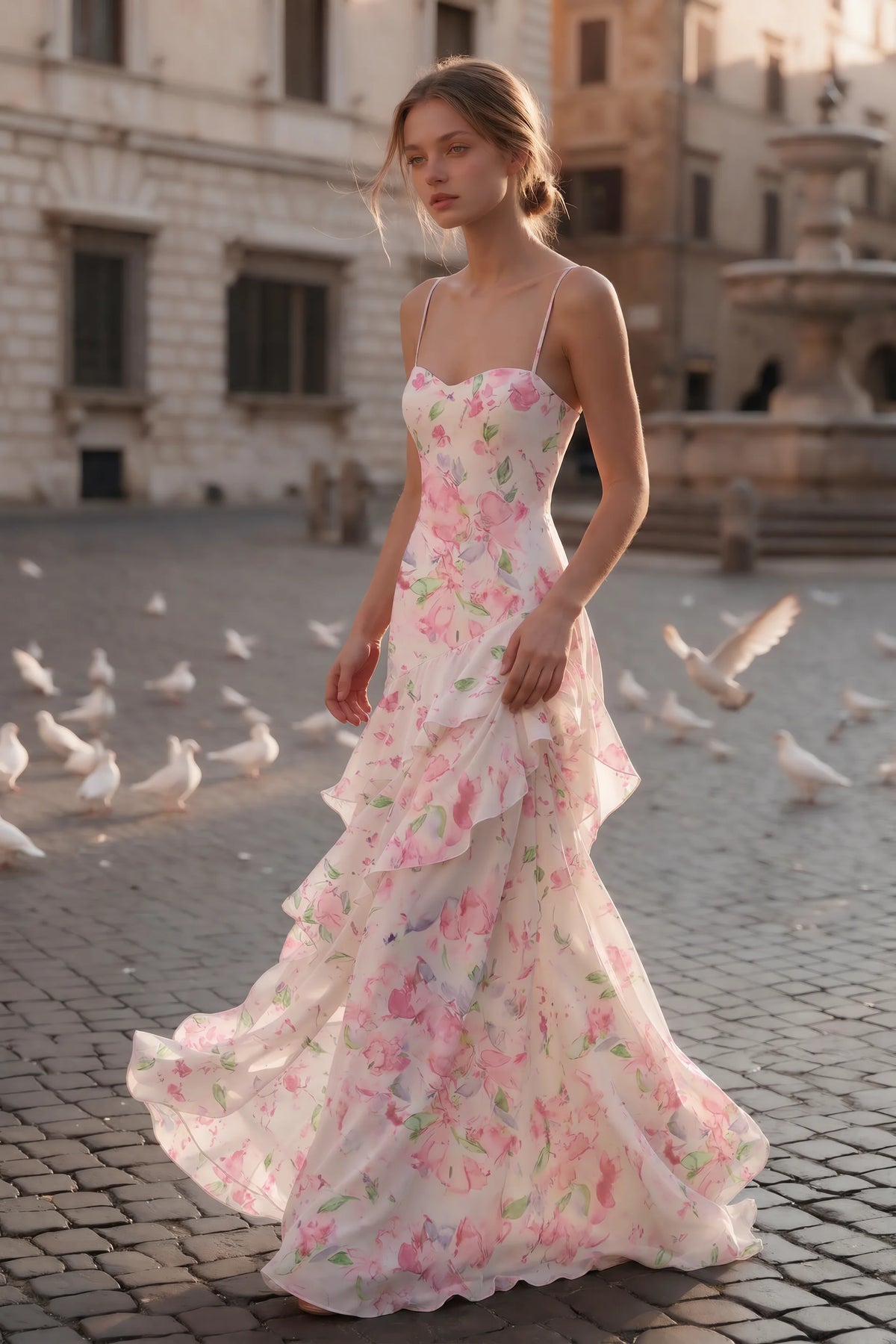 Rosalie Abstract Watercolor Floral Chiffon Tiered Ruffle Sweetheart Maxi Dress